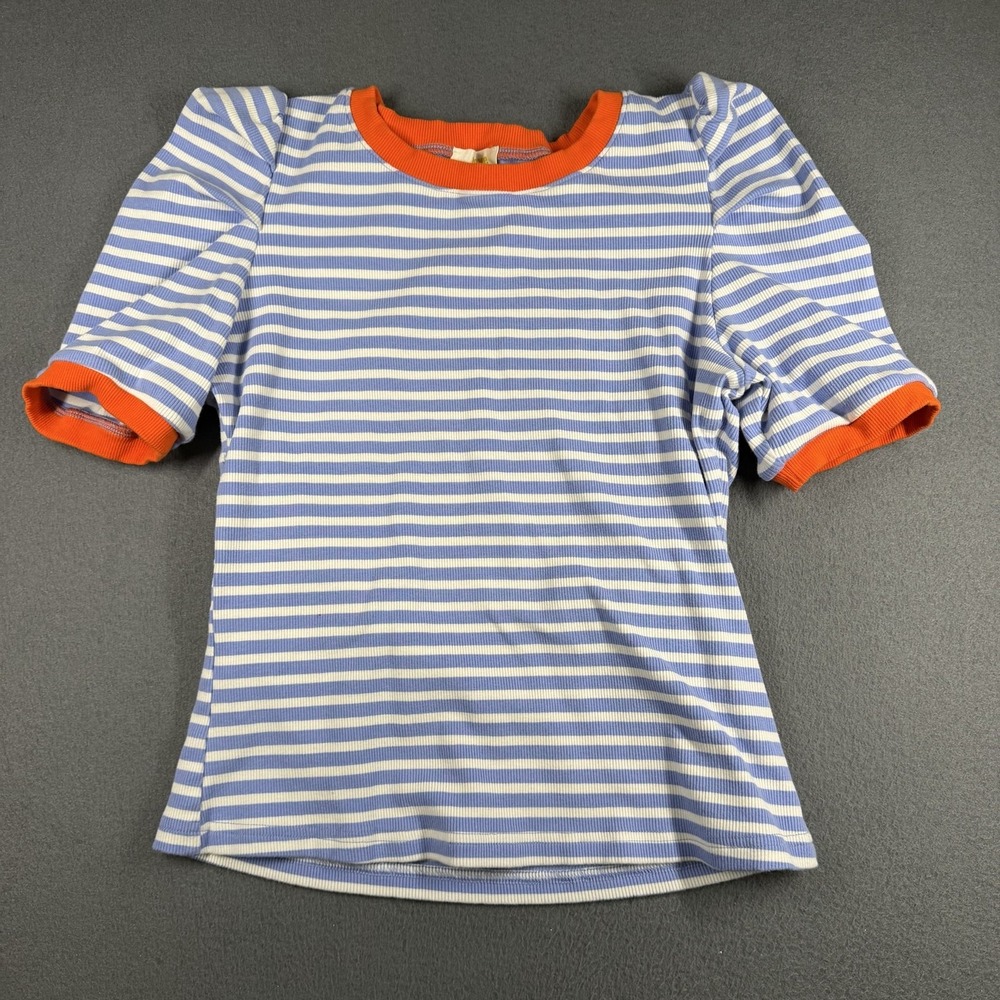 Anthropologie Maeve Shirt Womens Medium Blue Striped Ringer Puff Sleeve Tee Top